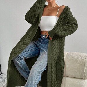 Army Green Casual Women's Solid Color Twisted Knit Cardigan